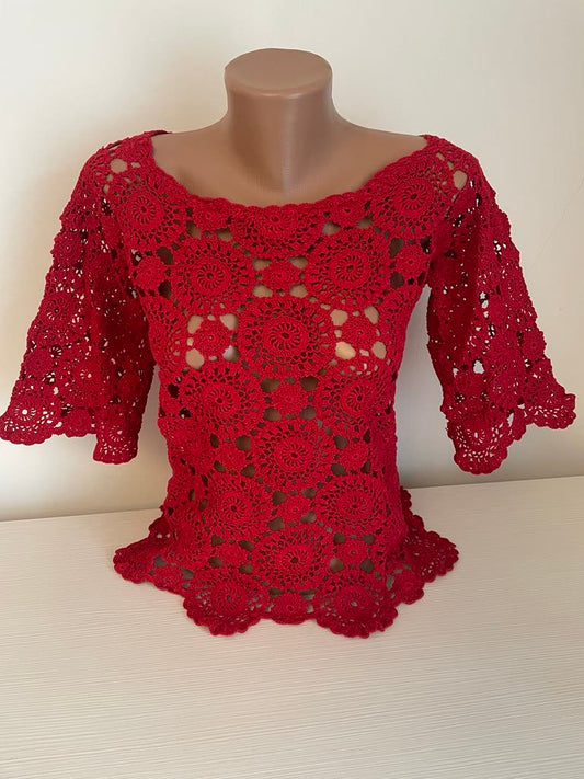 Hand-Crocheted Red Blouse